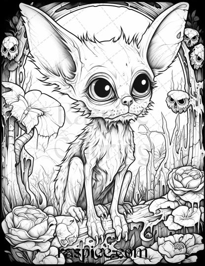 50 Halloween Scary Animals Grayscale Coloring Pages Printable for Adults, PDF File Instant Download
