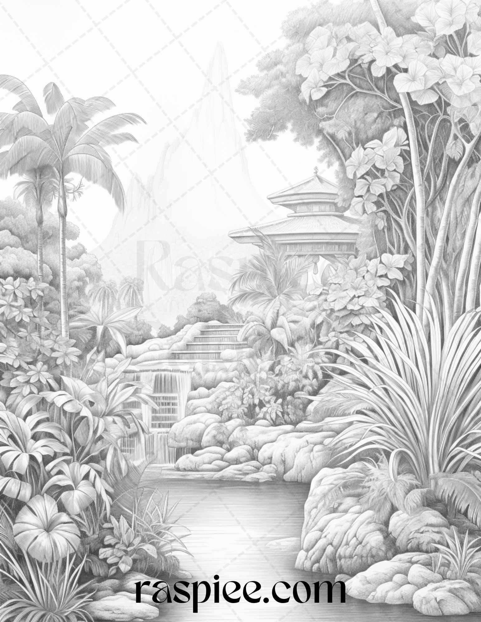 52 Tropical Oasis Grayscale Coloring Pages Printable for Adults, PDF File Instant Download