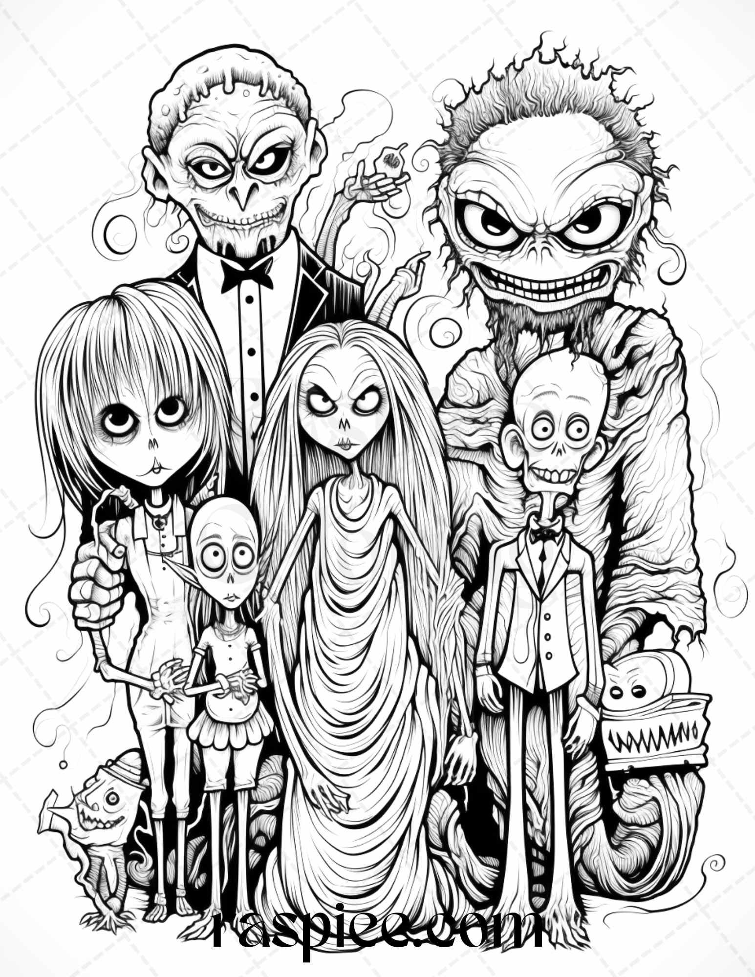 50 Monster Family Grayscale Coloring Pages Printable for Adults - Instant Download, Halloween Coloring Book, Fun and Spooky Designs