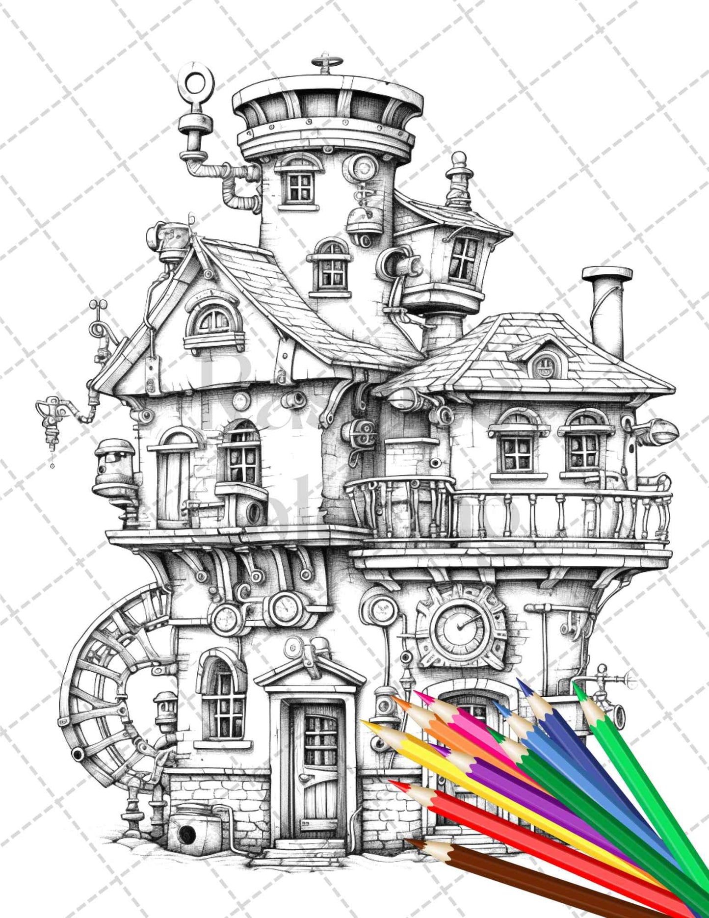 50 Steampunk Houses Grayscale Coloring Pages Printable for Adults, PDF File Instant Download