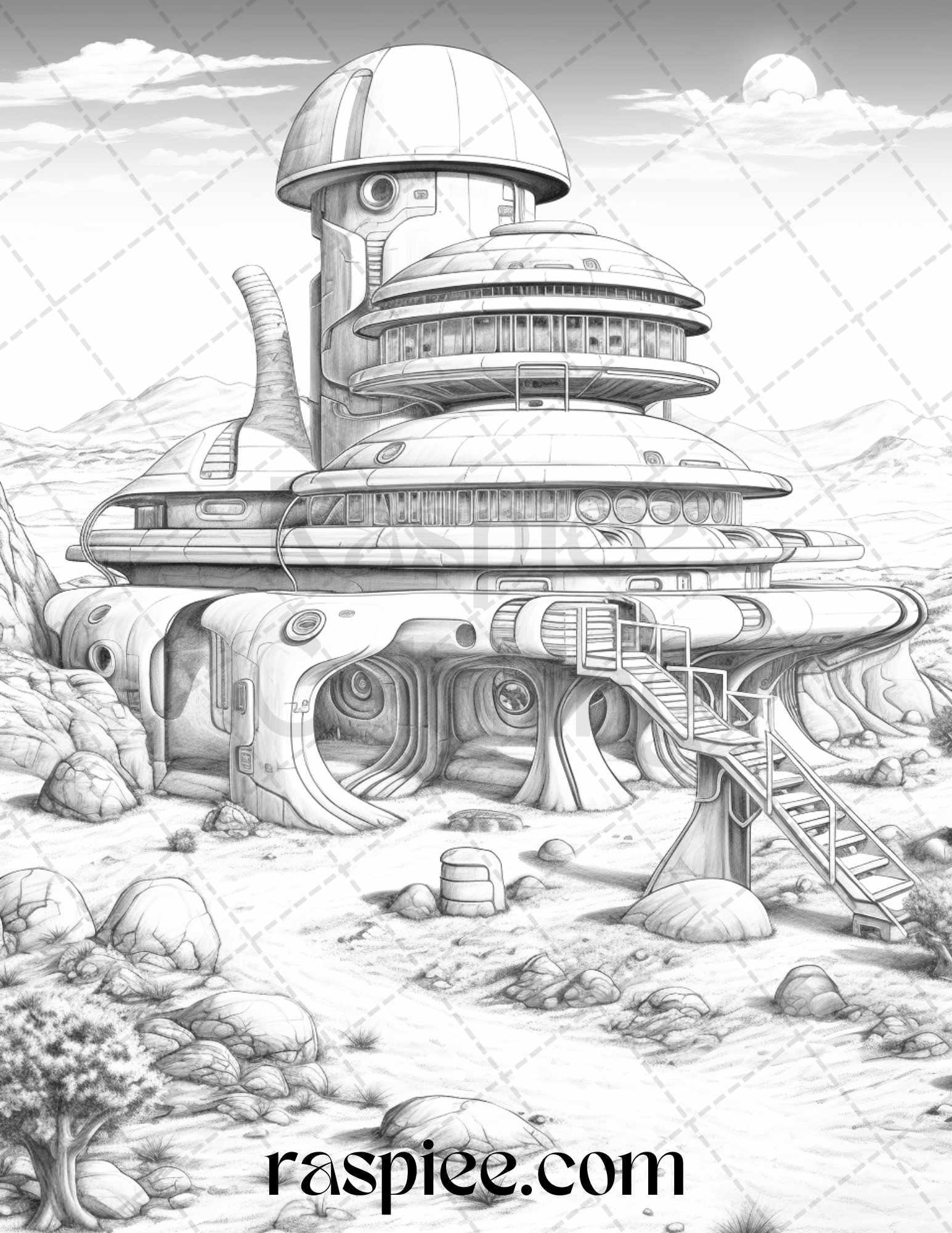 40 Alien Houses Grayscale Coloring Pages for Adults, Printable PDF File Instant Download