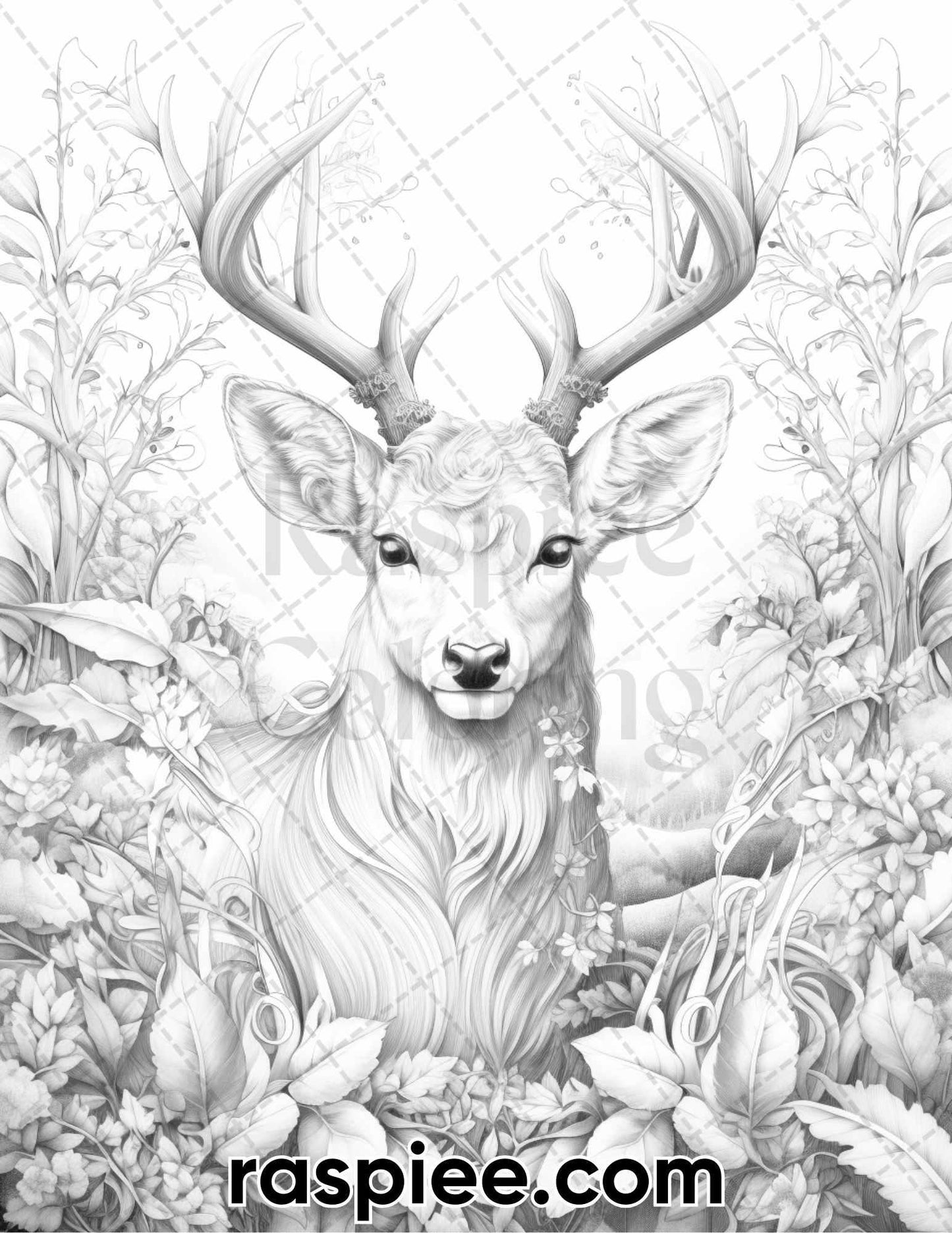 50 Christmas Deer Grayscale Coloring Pages for Adults, Printable PDF Instant Download