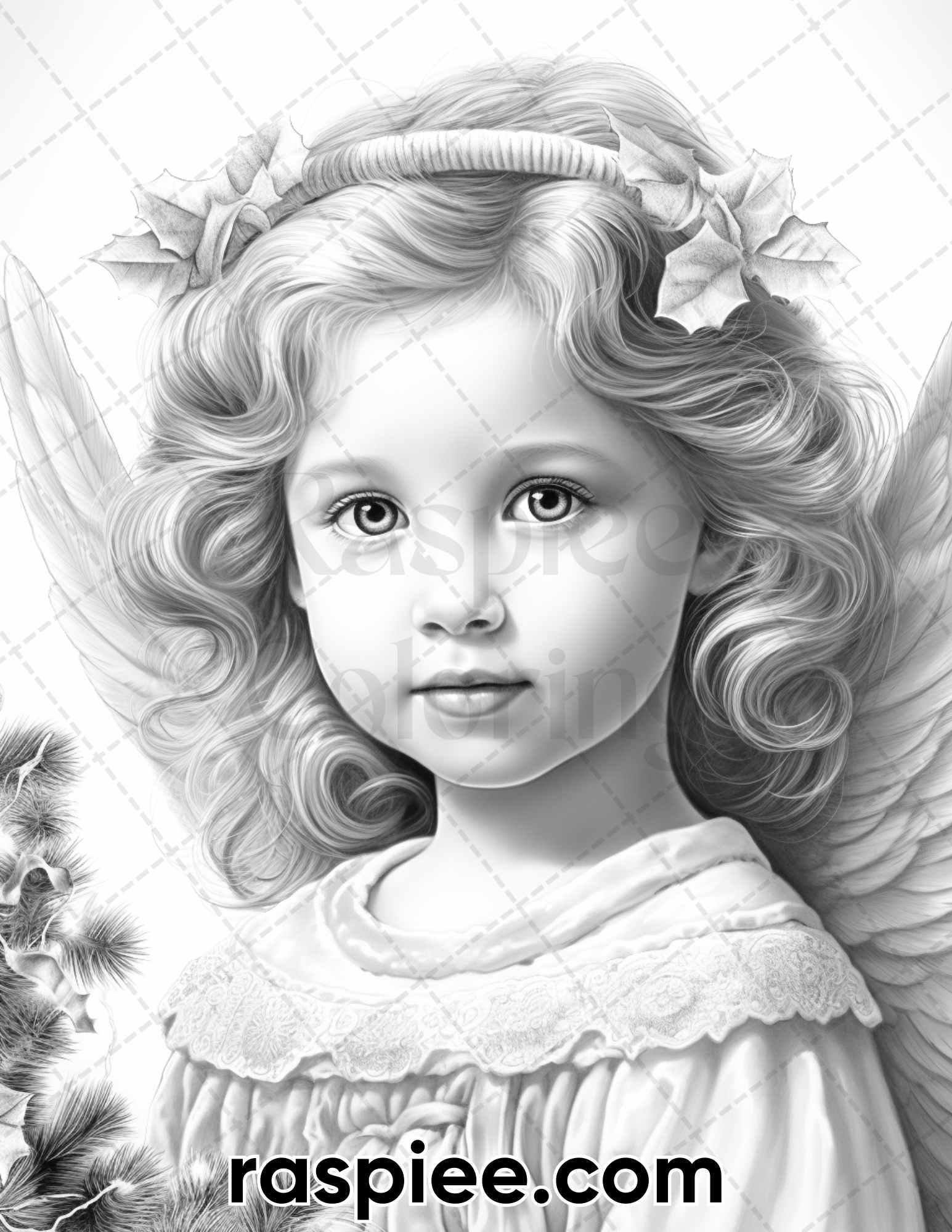 55 Christmas Angel Grayscale Coloring Pages for Adults, Printable PDF Instant Download