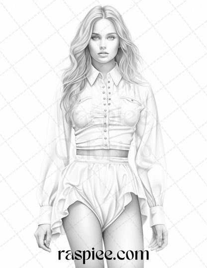 Fashion Show Grayscale Coloring Pages Printable for Adults, PDF File Instant Download