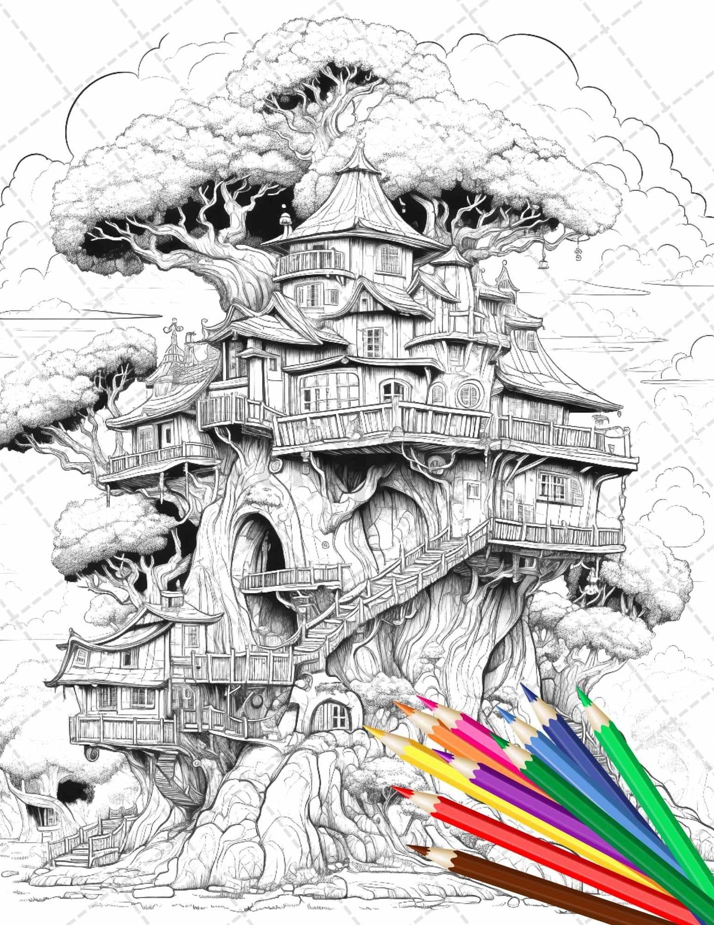 110 Enchanted Treehouse Coloring Book Printable for Adults, Grayscale Coloring Page, PDF File Instant Download