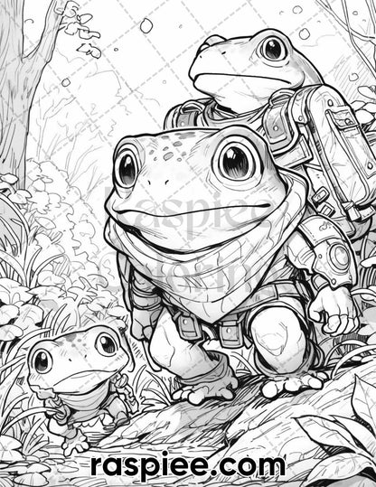 50 The Frog Kingdom Grayscale Coloring Pages for Adults, Printable PDF Instant Download