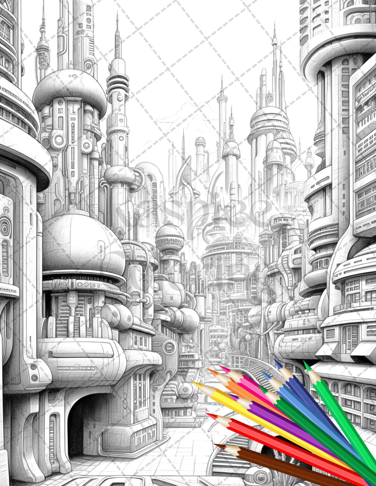 50 Futuristic Metropolis Grayscale Coloring Pages Printable for Adults, PDF File Instant Download