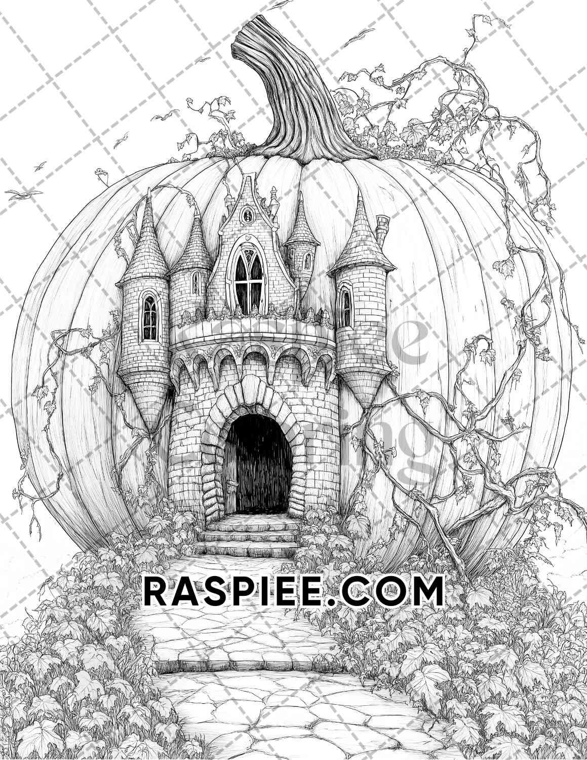 Fantasy Giant Pumpkin Castles Adult Coloring Pages Printable PDF Instant Download