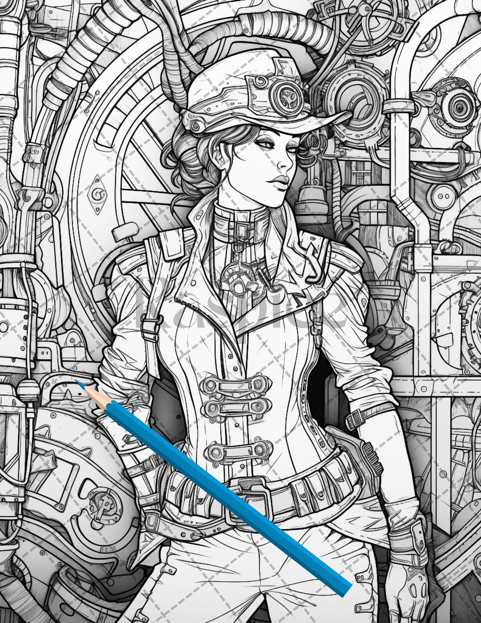 30 Steampunk Girls Coloring Pages Printable for Adults, Victorian Inspired Adult Grayscale Coloring Book, PDF File Download