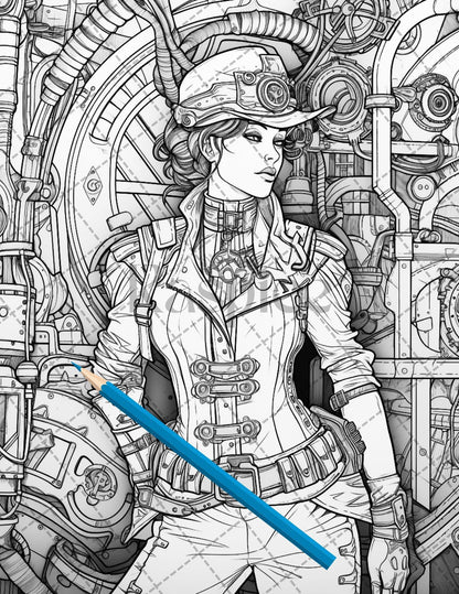 30 Steampunk Girls Coloring Pages Printable for Adults, Victorian Inspired Adult Grayscale Coloring Book, PDF File Download