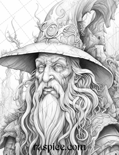 50 Magical Wizard Grayscale Coloring Pages for Adults, Printable PDF File Instant Download