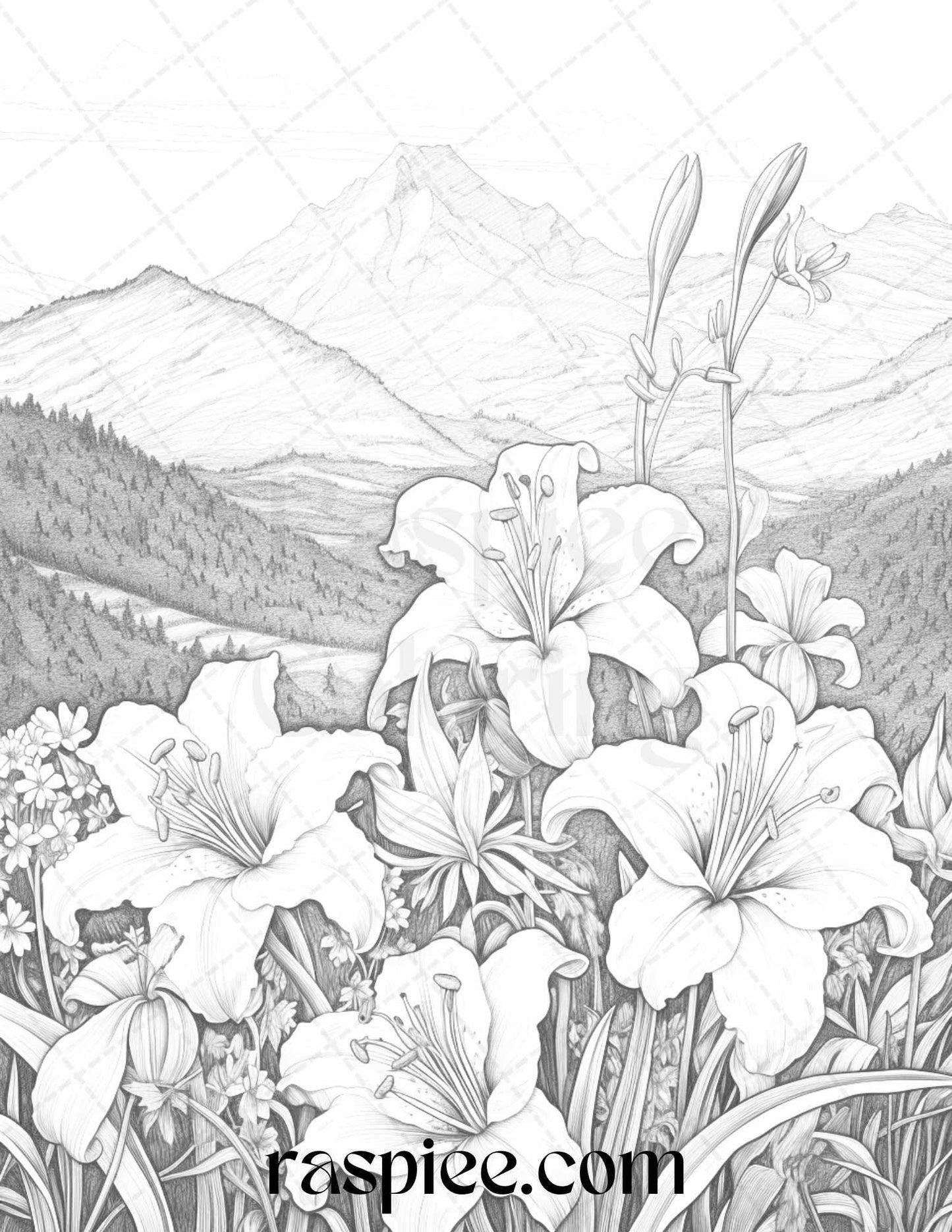 60 Mountain Flower Landscapes Grayscale Coloring Pages Printable for Adults, PDF File Instant Download