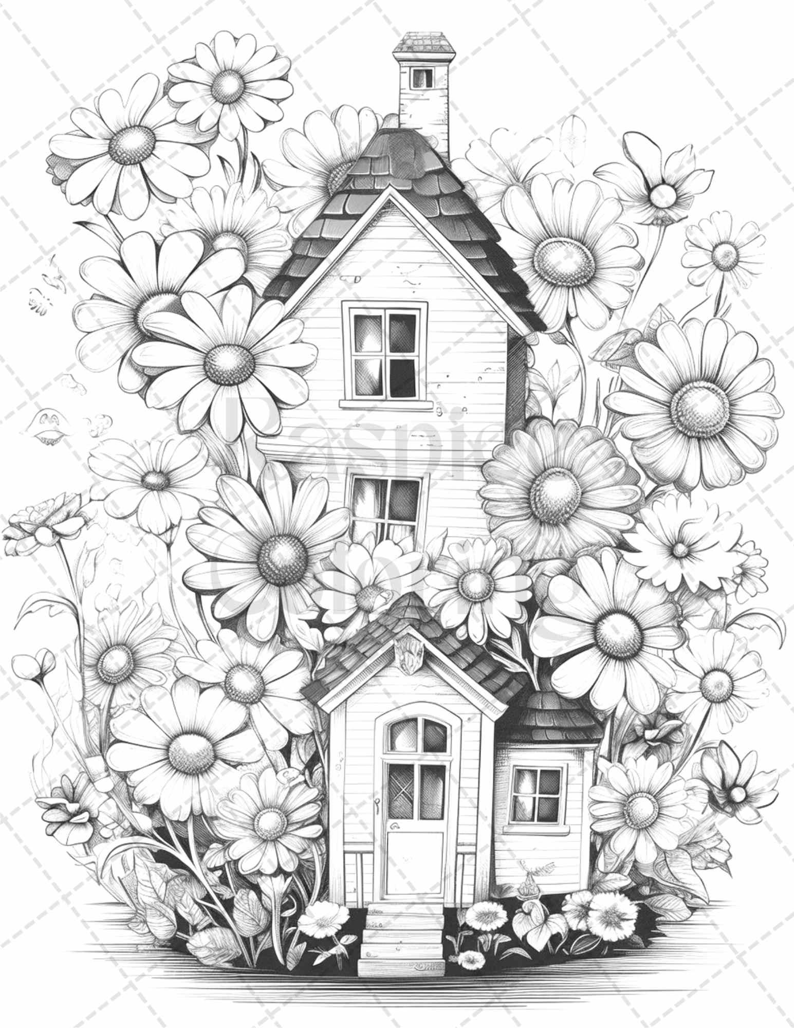 60 Flower Houses Grayscale Coloring Pages Printable for Adults, PDF File Instant Download