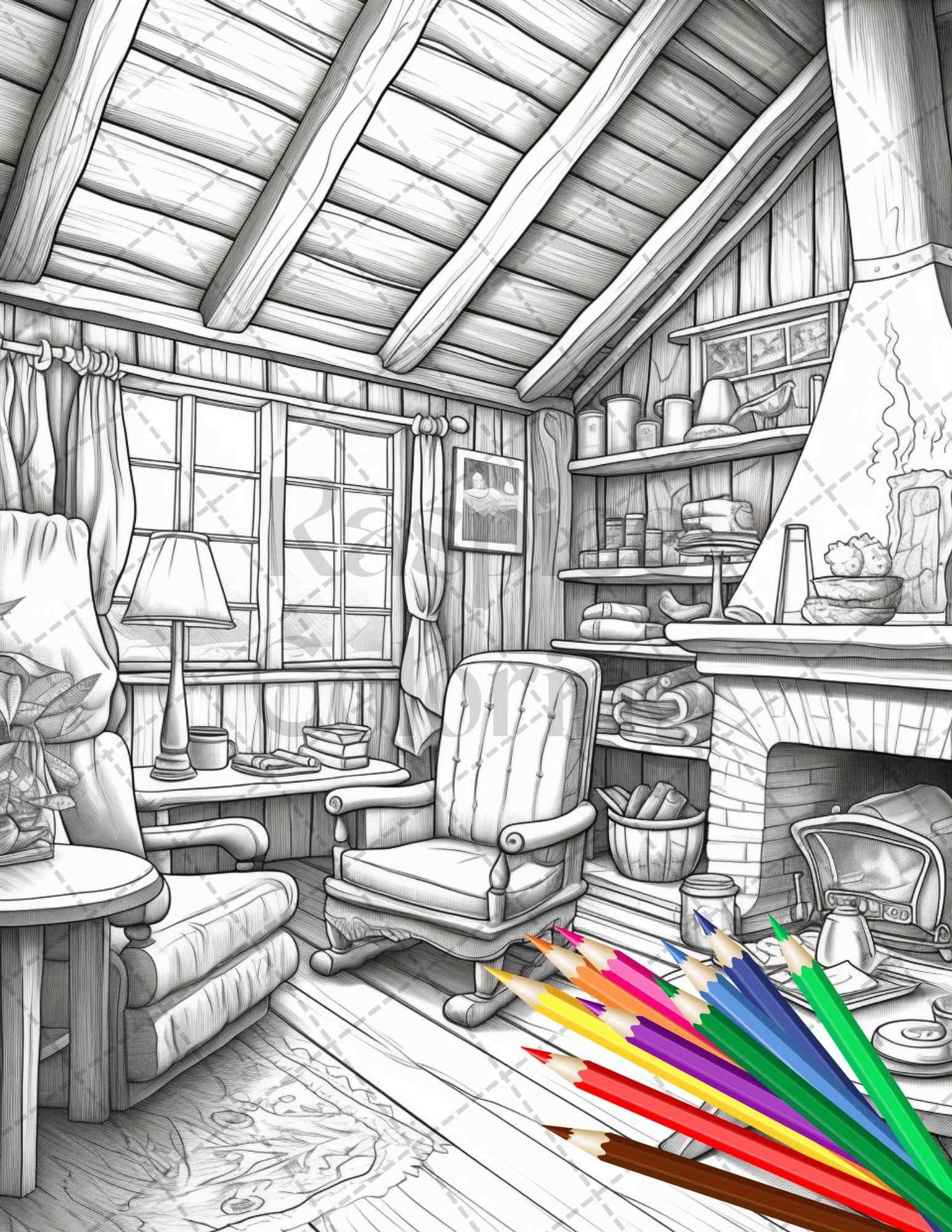 Cozy Cabin Interior Grayscale Coloring Pages Printable for Adults, PDF File Instant Download