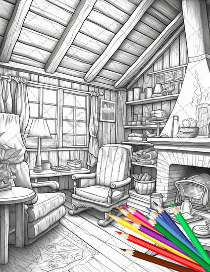 Cozy Cabin Interior Grayscale Coloring Pages Printable for Adults, PDF File Instant Download