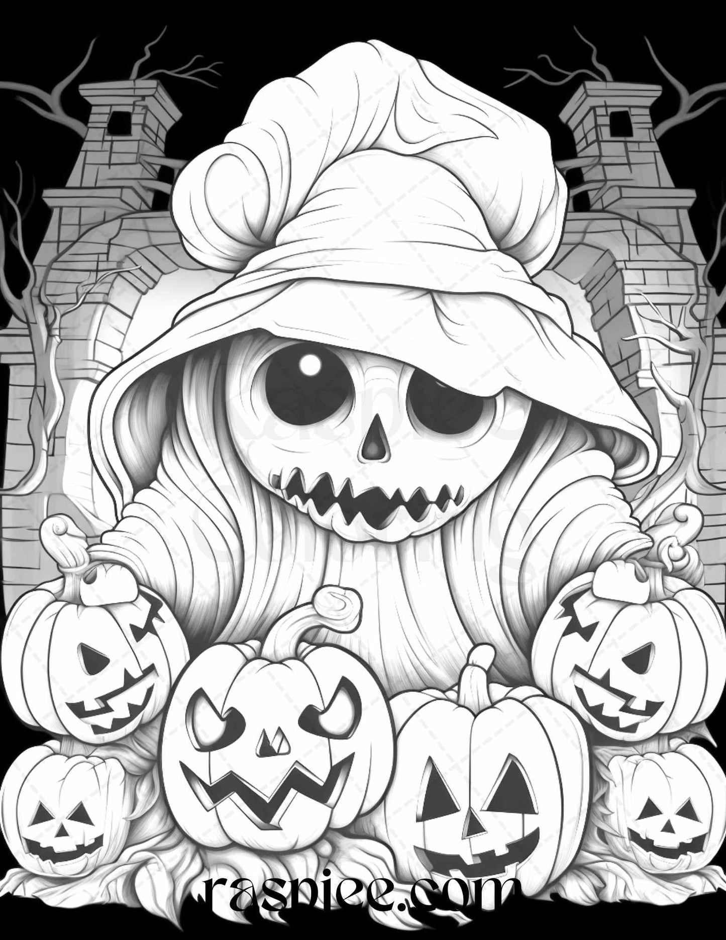 50 Halloween Cute Ghosts Grayscale Coloring Printable for Adults Kids, PDF File Instant Download