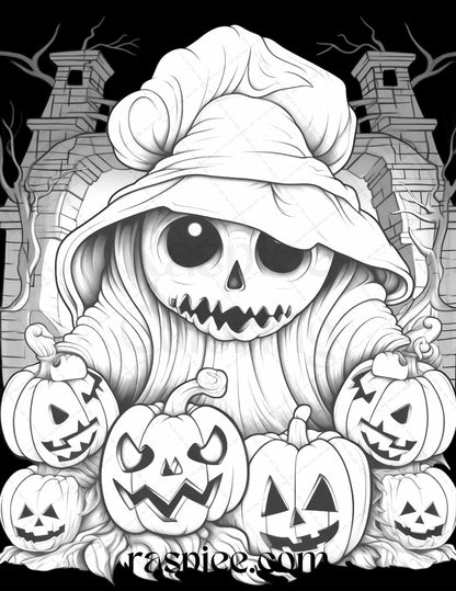 50 Halloween Cute Ghosts Grayscale Coloring Printable for Adults Kids, PDF File Instant Download