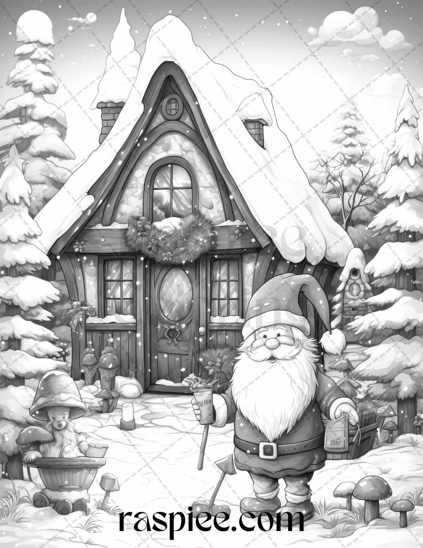 60 Christmas Gnomes Grayscale Coloring Pages Printable for Adults and Kids, PDF File Instant Download