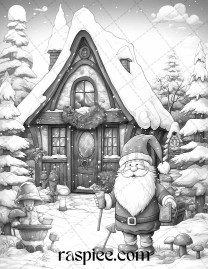 60 Christmas Gnomes Grayscale Coloring Pages Printable for Adults and Kids, PDF File Instant Download
