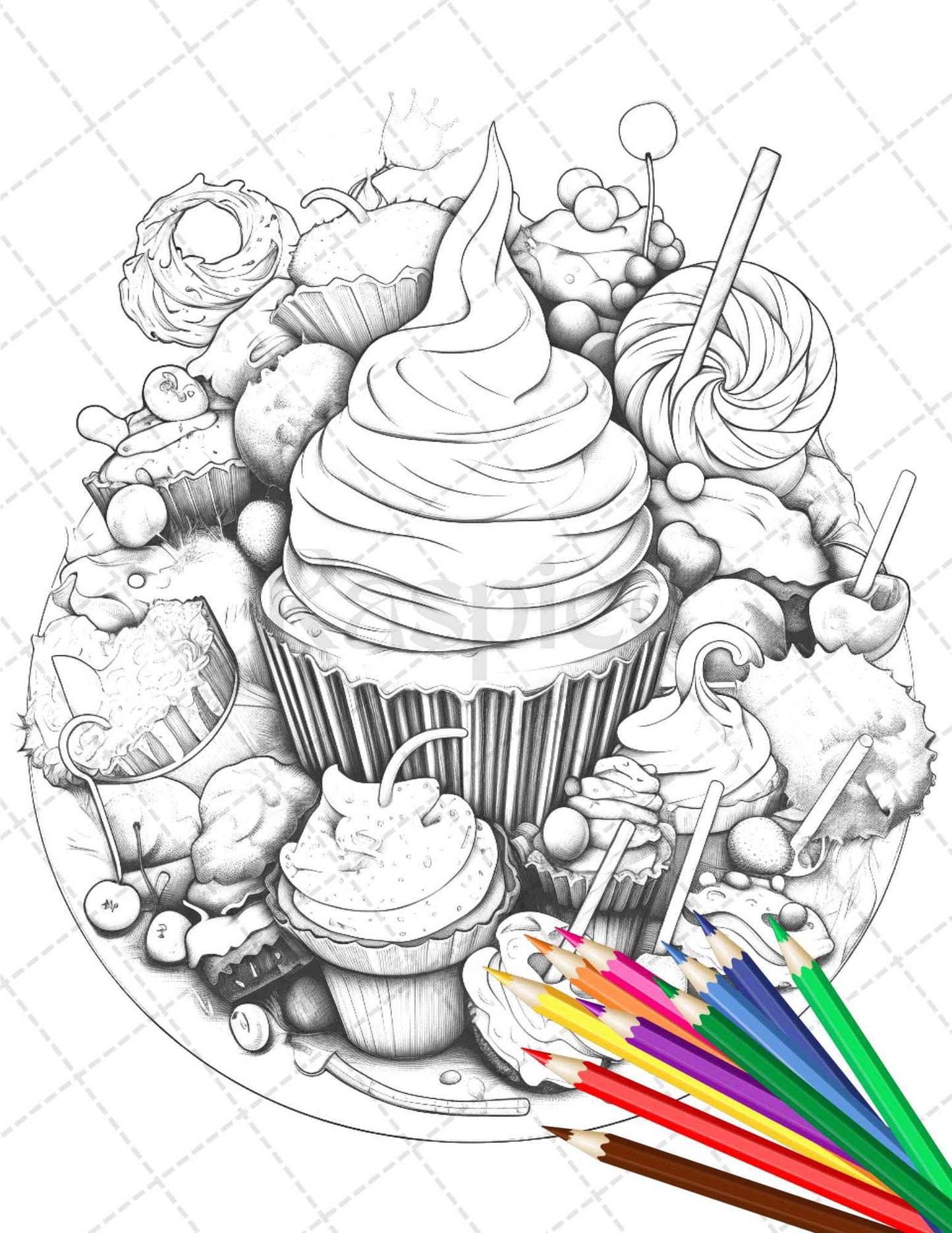 36 Sweet Desserts Coloring Pages Printable for Adults, Grayscale Coloring Page, PDF File Instant Download