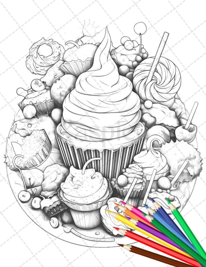 36 Sweet Desserts Coloring Pages Printable for Adults, Grayscale Coloring Page, PDF File Instant Download
