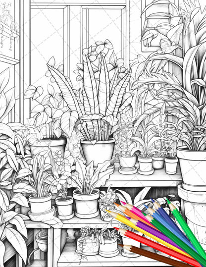 38 Indoor Houseplants Coloring Pages Printable for Adults, Grayscale Coloring Page, PDF File Instant Download