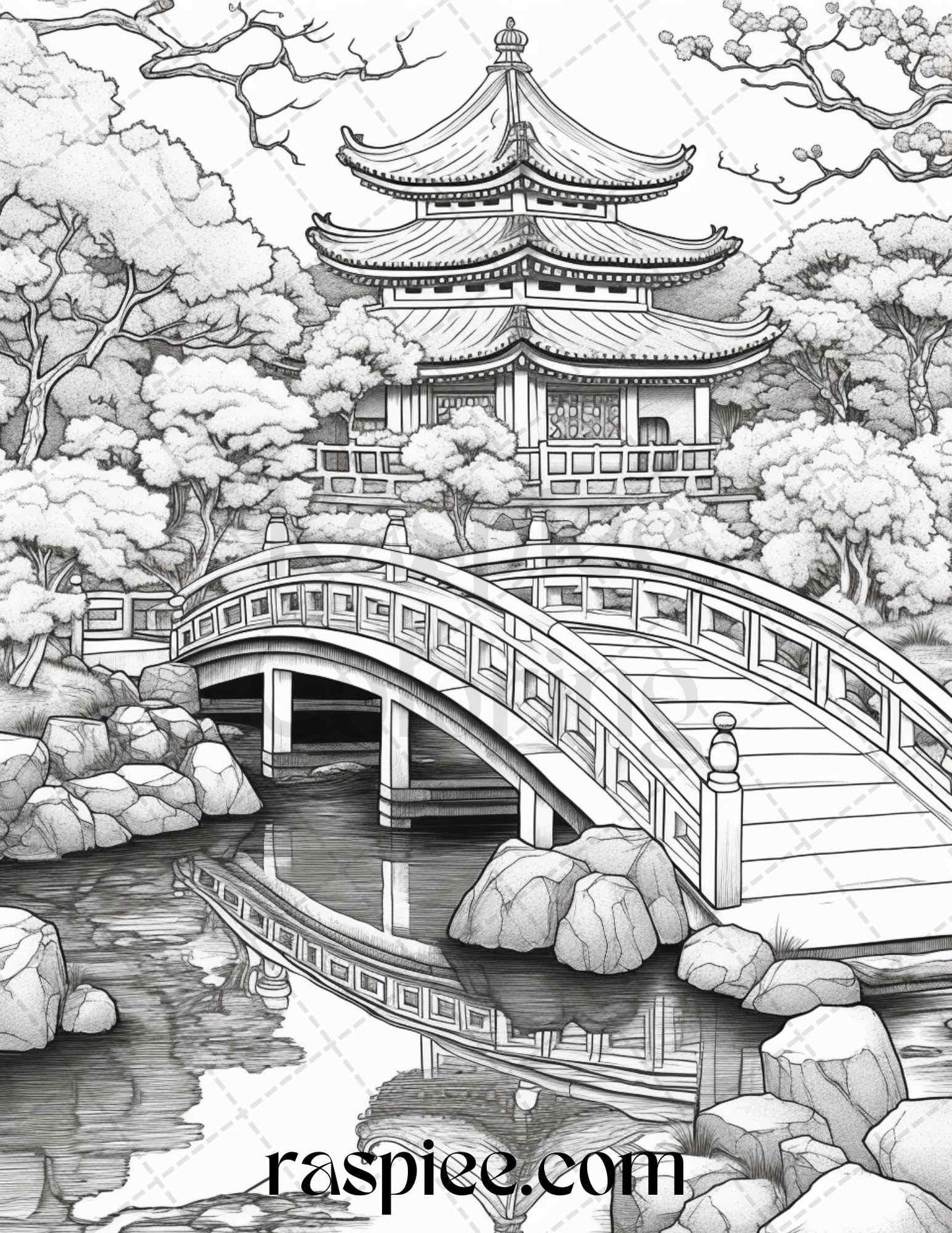 Japanese Garden Grayscale Coloring Pages Printable for Adults, PDF File Instant Download