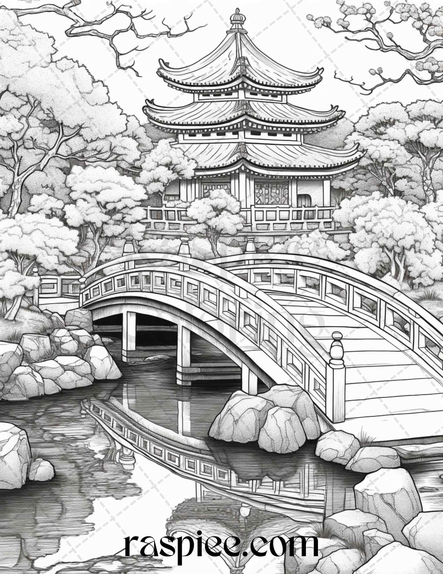 Japanese Garden Grayscale Coloring Pages Printable for Adults, PDF File Instant Download