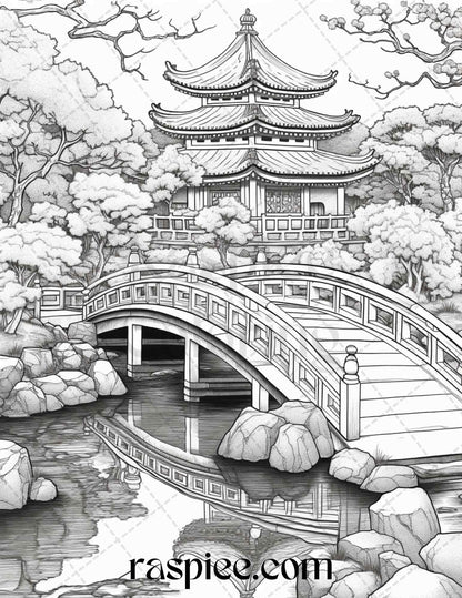 Japanese Garden Grayscale Coloring Pages Printable for Adults, PDF File Instant Download