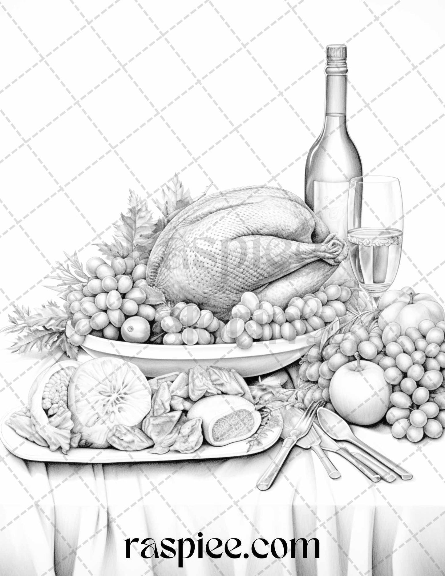 Thanksgiving Dinner Grayscale Coloring Pages for Adults, Relaxing Fall Coloring Sheets, Printable PDF File Instant Download