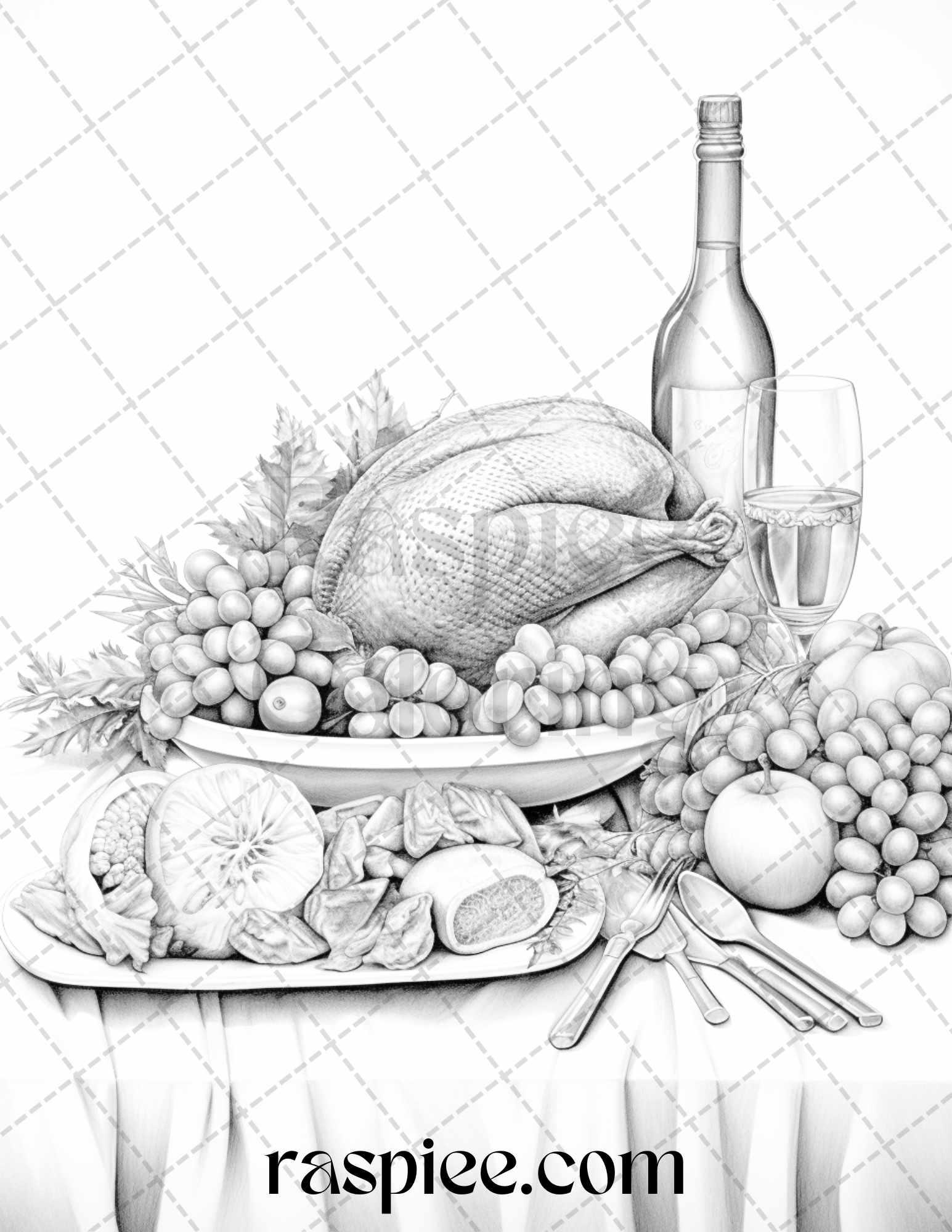 Thanksgiving Dinner Grayscale Coloring Pages for Adults, Relaxing Fall Coloring Sheets, Printable PDF File Instant Download