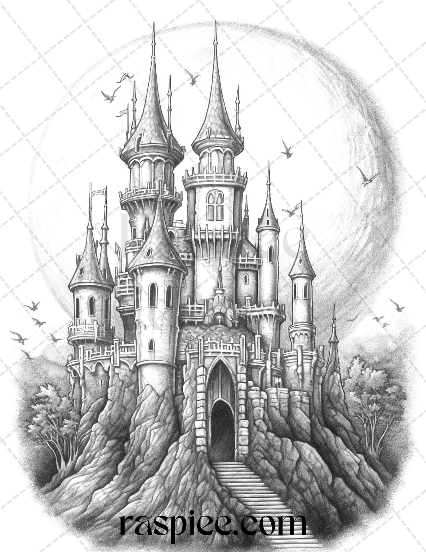 50 Haunted Castles Grayscale Coloring Pages Printable, Halloween Coloring Book, PDF File Instant Download