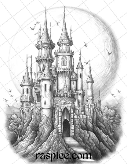 50 Haunted Castles Grayscale Coloring Pages Printable, Halloween Coloring Book, PDF File Instant Download