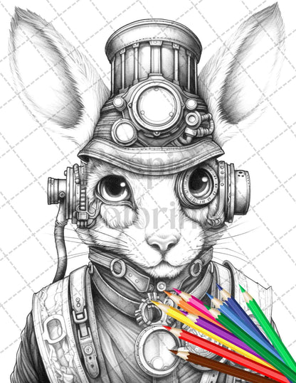 60 Steampunk Animals Grayscale Coloring Pages Printable for Adults, PDF File Instant Download