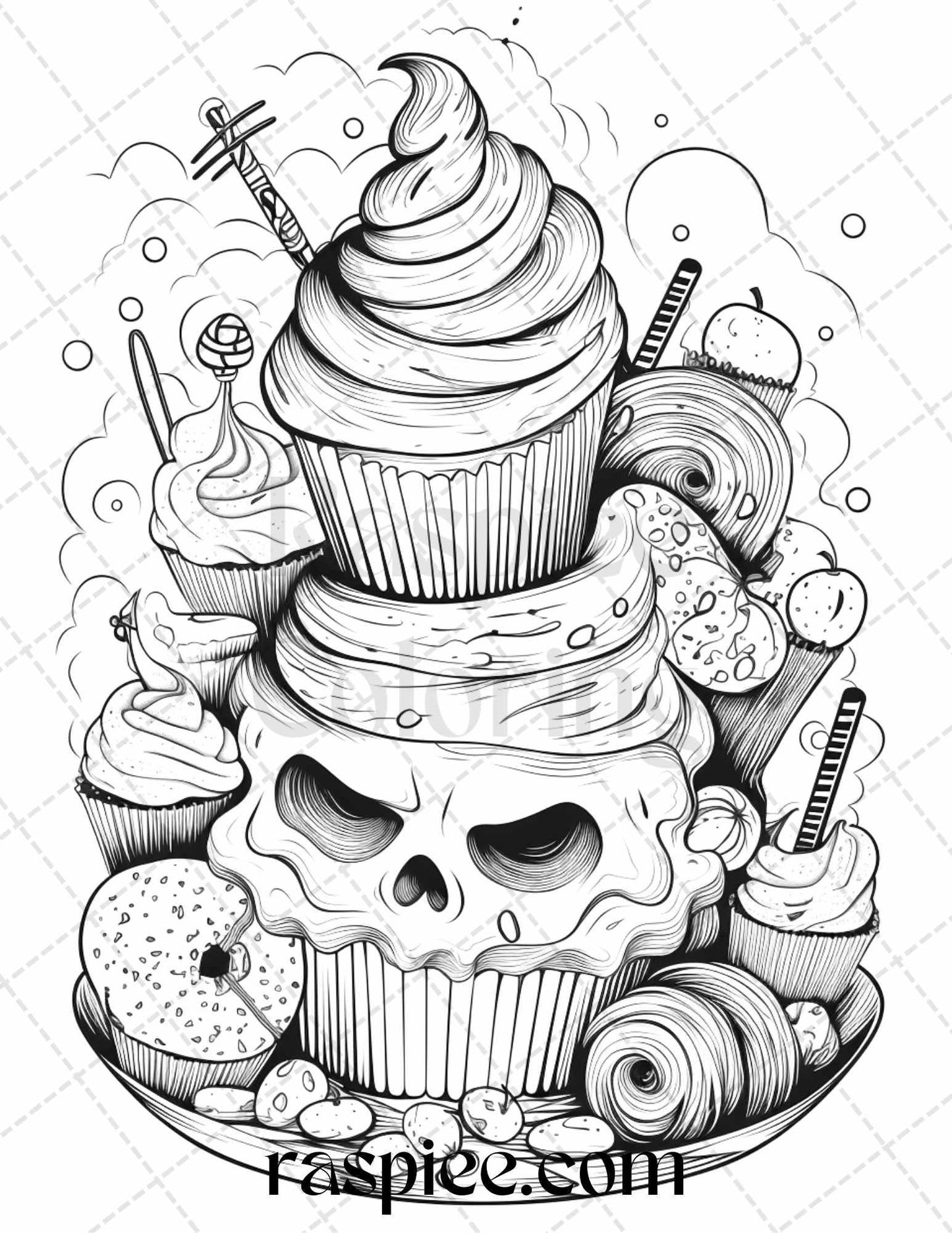 68 Halloween Spooky Desserts Grayscale Coloring Pages Printable for Adults, PDF File Instant Download