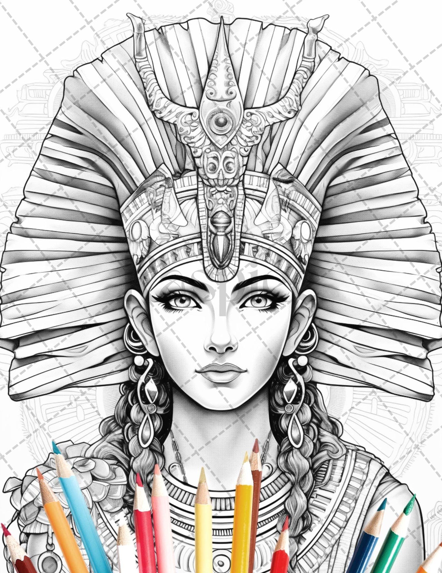 35 Ancient Egyptian Queens Coloring Book Printable for Adults, Grayscale Coloring Page, PDF File Instant Download
