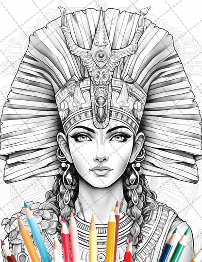 35 Ancient Egyptian Queens Coloring Book Printable for Adults, Grayscale Coloring Page, PDF File Instant Download
