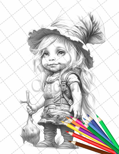41 Adorable Gnome Girls Grayscale Coloring Pages Printable for Adults and Kids, PDF File Instant Download