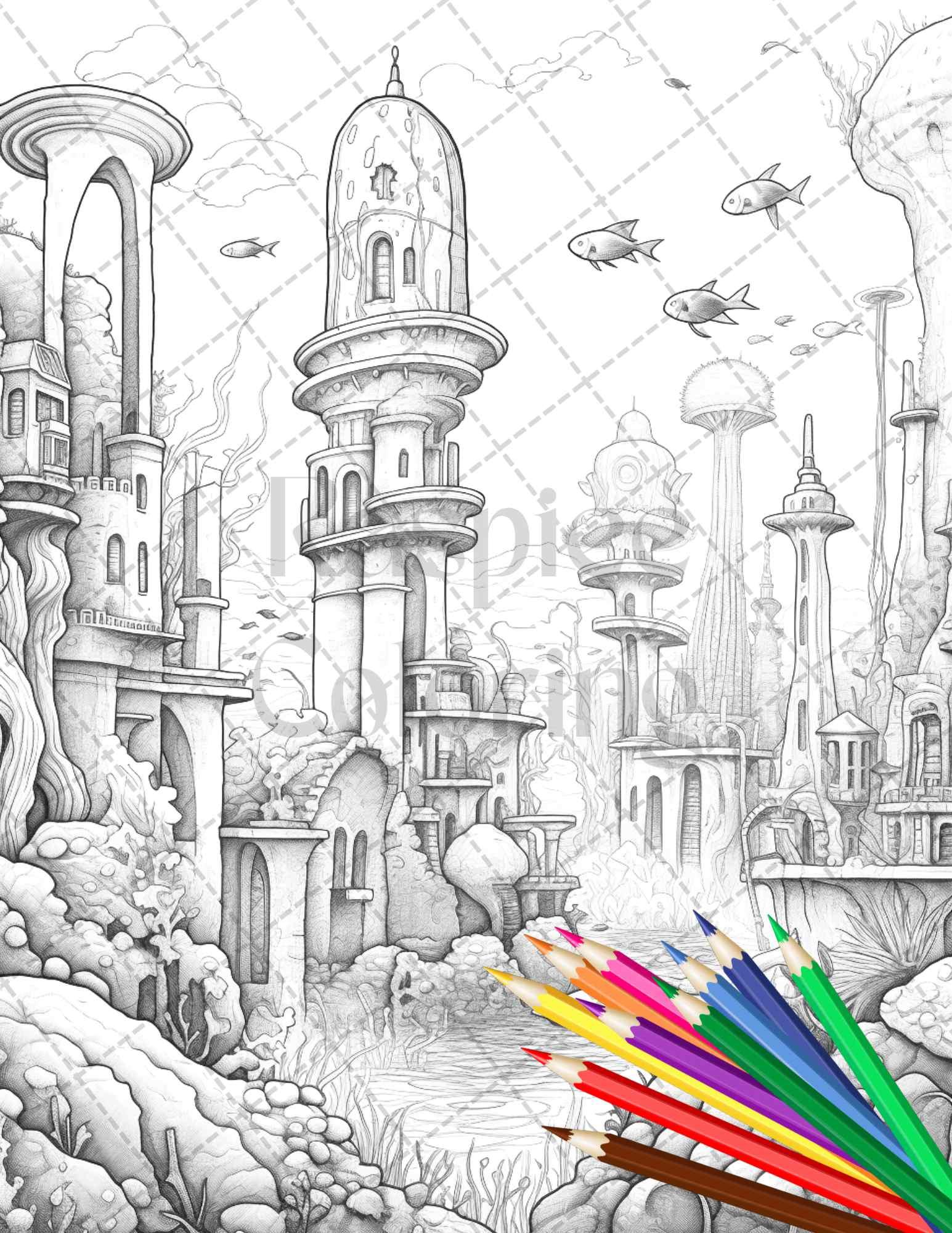 Enchanted Underwater City Grayscale Coloring Pages Printable for Adults, PDF File Instant Download