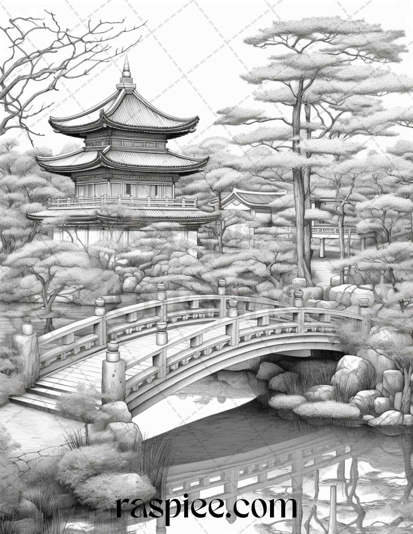 Japanese Garden Grayscale Coloring Pages Printable for Adults, PDF File Instant Download