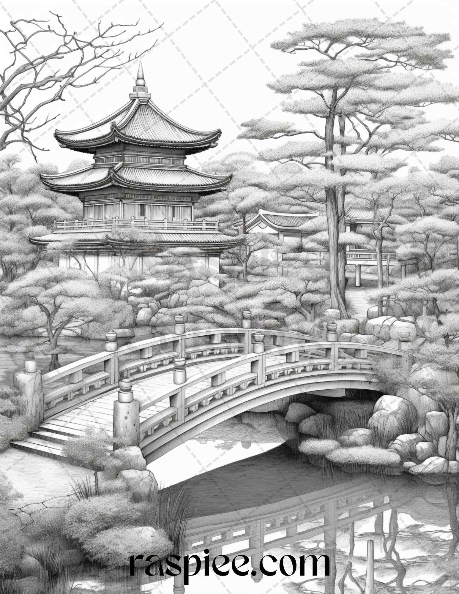 Japanese Garden Grayscale Coloring Pages Printable for Adults, PDF File Instant Download