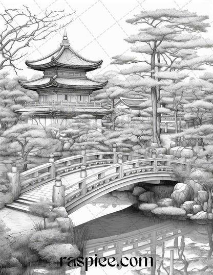 Japanese Garden Grayscale Coloring Pages Printable for Adults, PDF File Instant Download