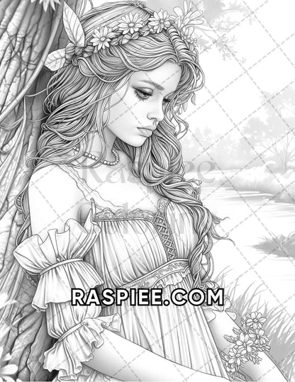 60 Fantasy Beauties Grayscale Adult Coloring Pages Printable PDF Instant Download
