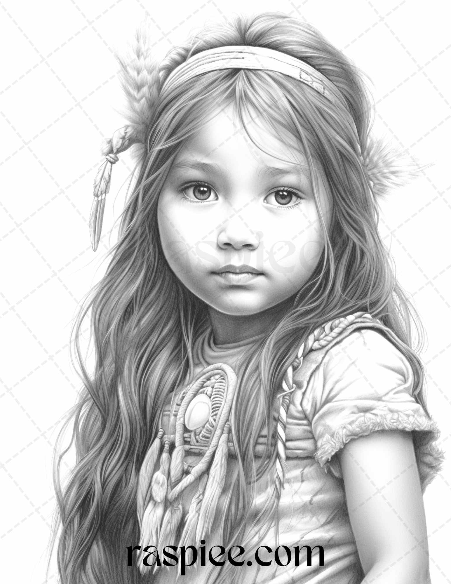 50 Native American Little Girls Boys Grayscale Coloring Pages Printable for Adults Kids, PDF File Instant Download