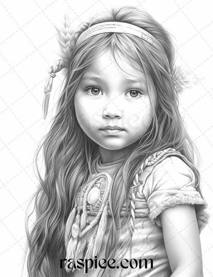 50 Native American Little Girls Boys Grayscale Coloring Pages Printable for Adults Kids, PDF File Instant Download