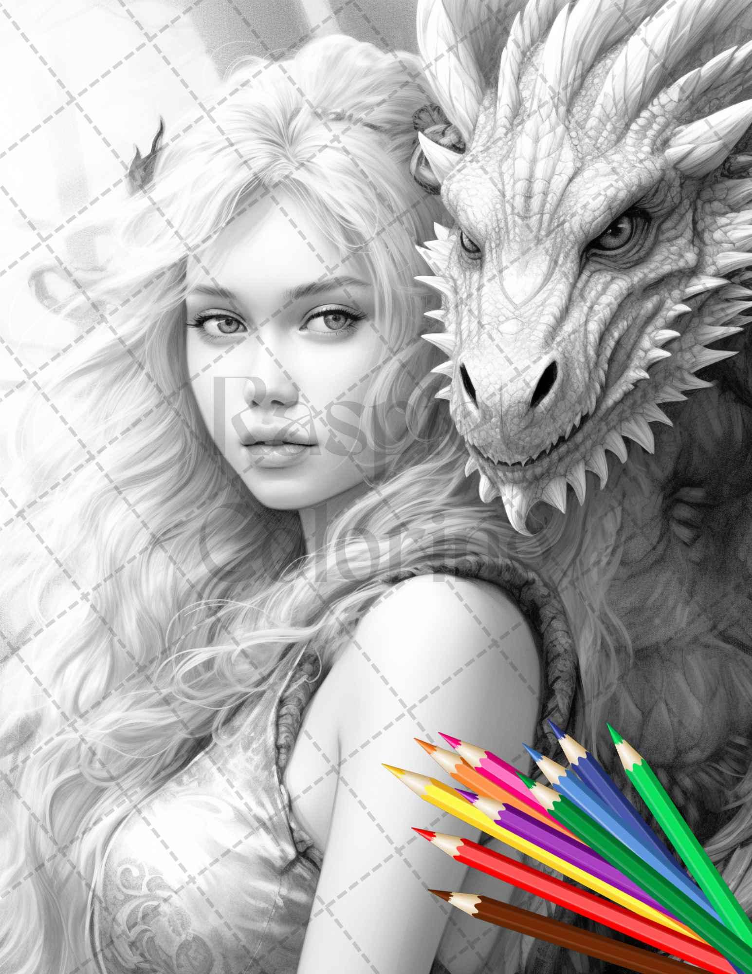 Enchanted Dragon Queens Grayscale Coloring Pages Printable for Adults, PDF File Instant Download
