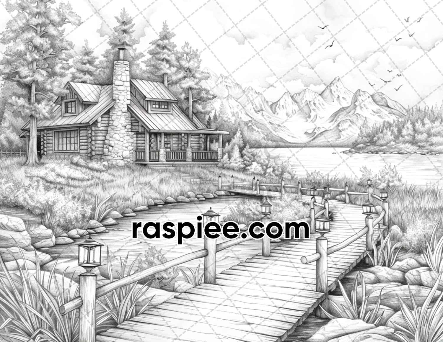 62 Serene Lakeside Cabins Grayscale Adult Coloring Pages, Printable PDF Instant Download