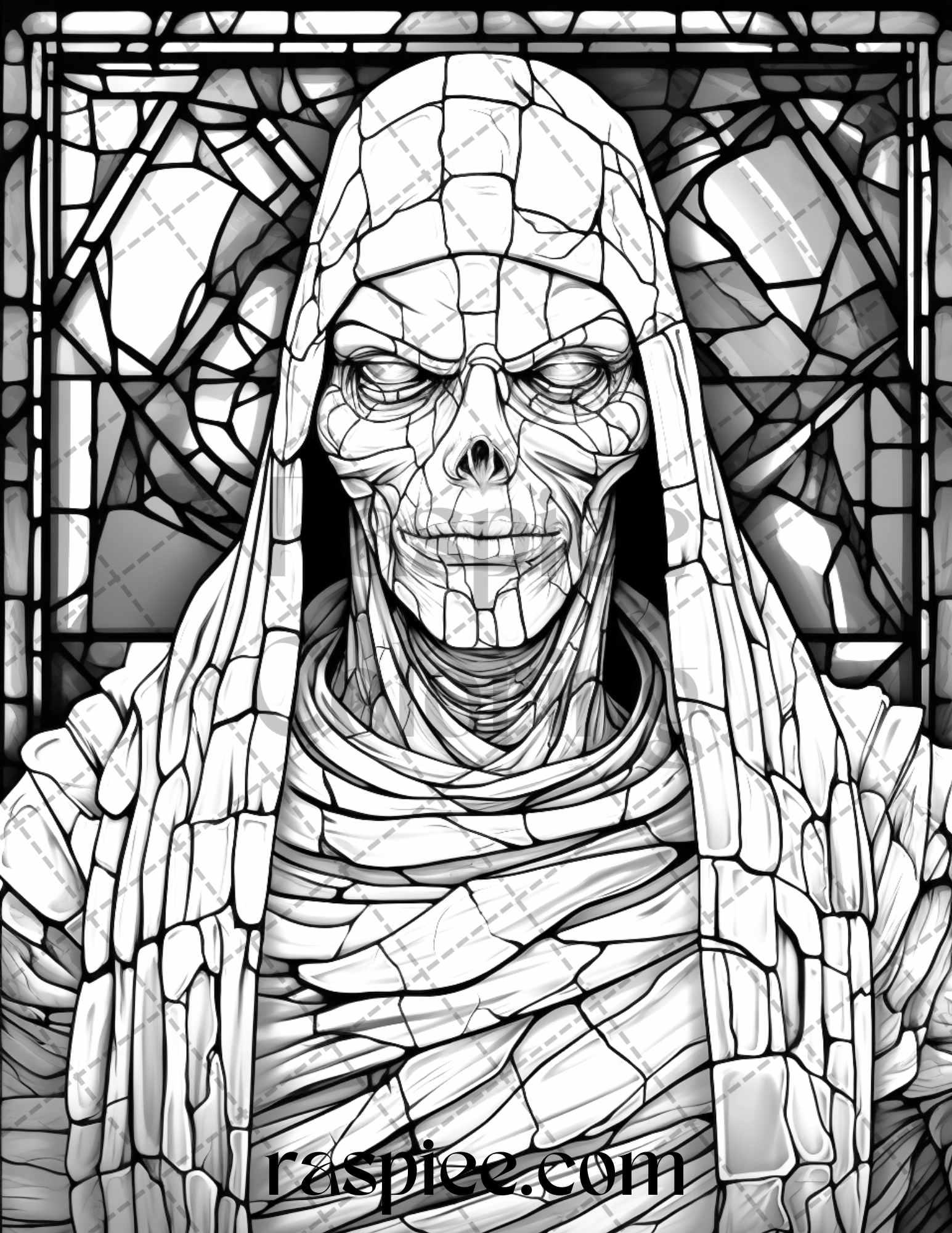 70 Halloween Stained Glass Grayscale Coloring Pages Printable for Adults, PDF File Instant Download