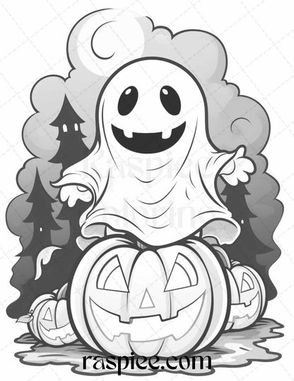 50 Halloween Cute Ghosts Grayscale Coloring Printable for Adults Kids, PDF File Instant Download