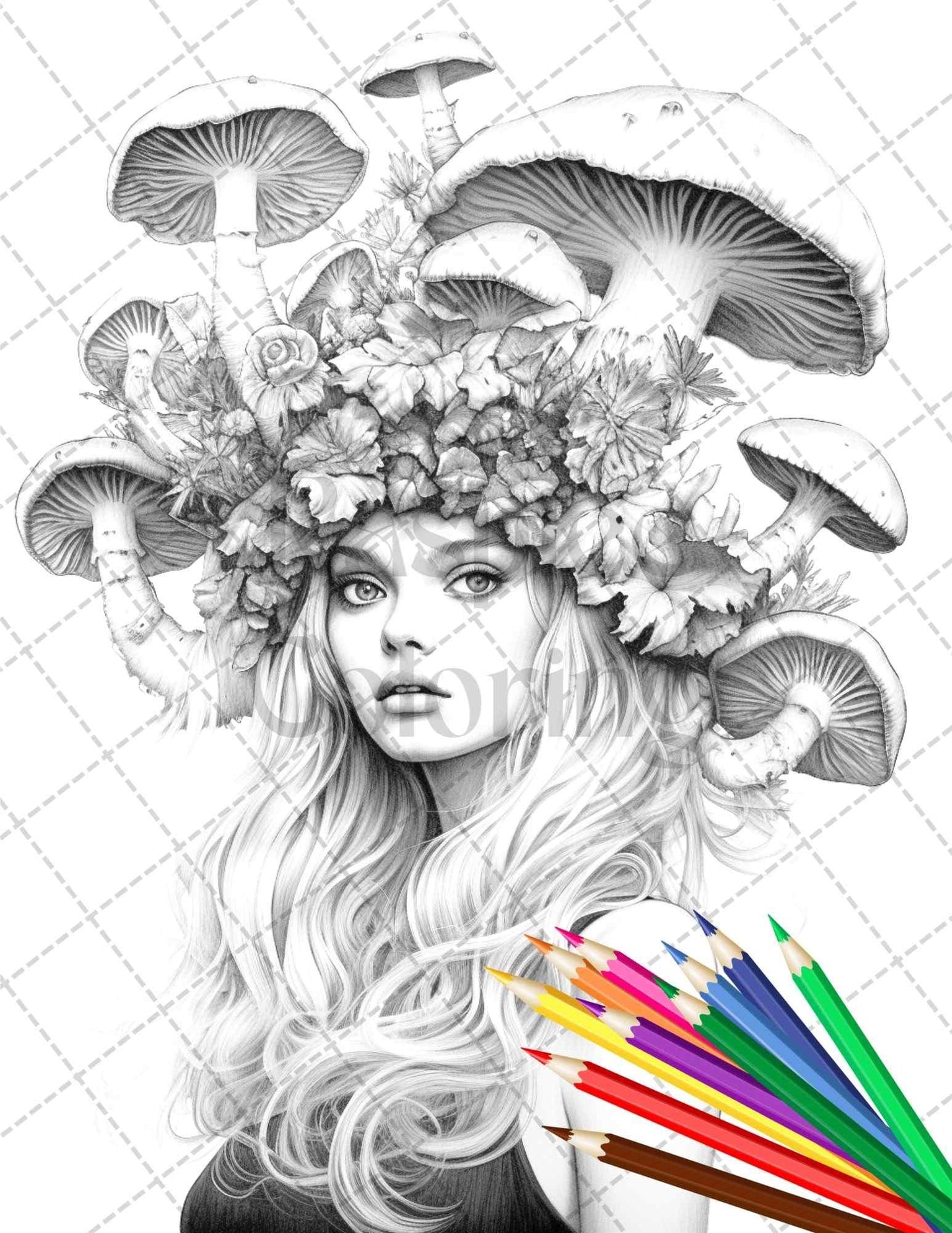 50 Mushroom Fairy Grayscale Coloring Pages Printable for Adults, PDF File Instant Download